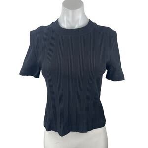 Zara Women's Black Rib Knit High Neck Short Sleeve Crop Tee Sweater Top Size L